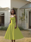 A-line sleeveless button midi dress with thin straps, yellow-green