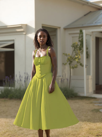 A-line sleeveless button midi dress with thin straps, yellow-green