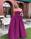 Rose-red pleated maxi dress with spaghetti straps and ruched bodice