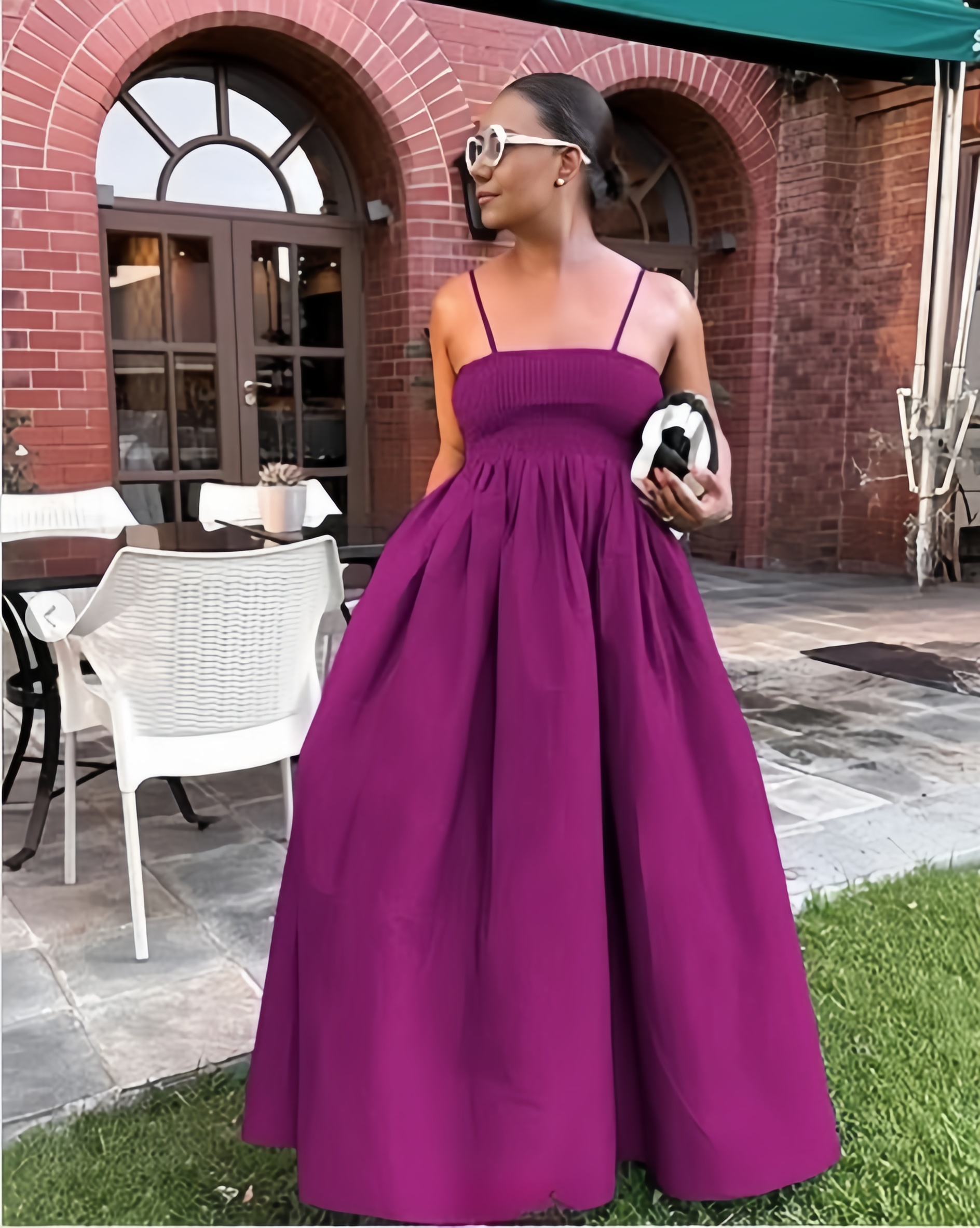 Rose-red pleated maxi dress with spaghetti straps and ruched bodice
