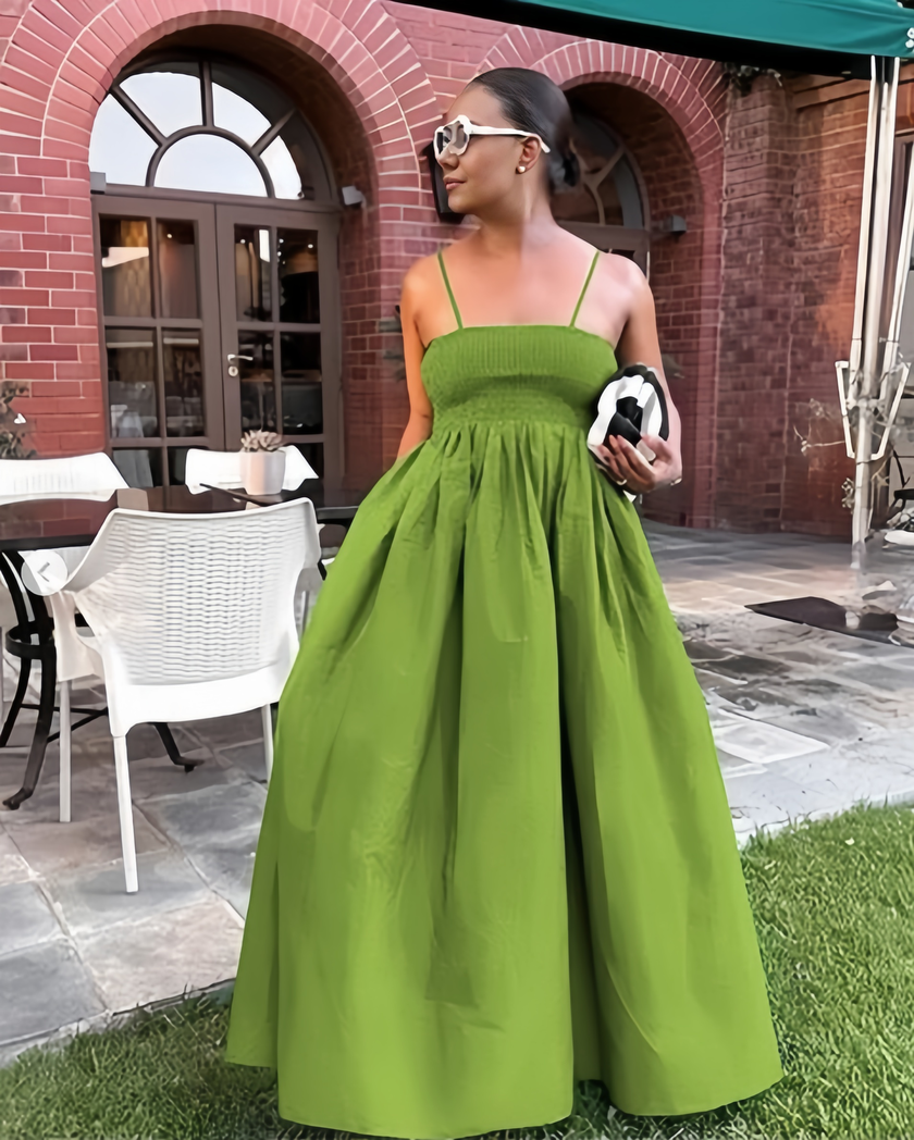Yellow-green pleated maxi dress with thin spaghetti straps