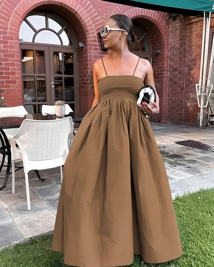 Peru brown pleated maxi dress with spaghetti straps