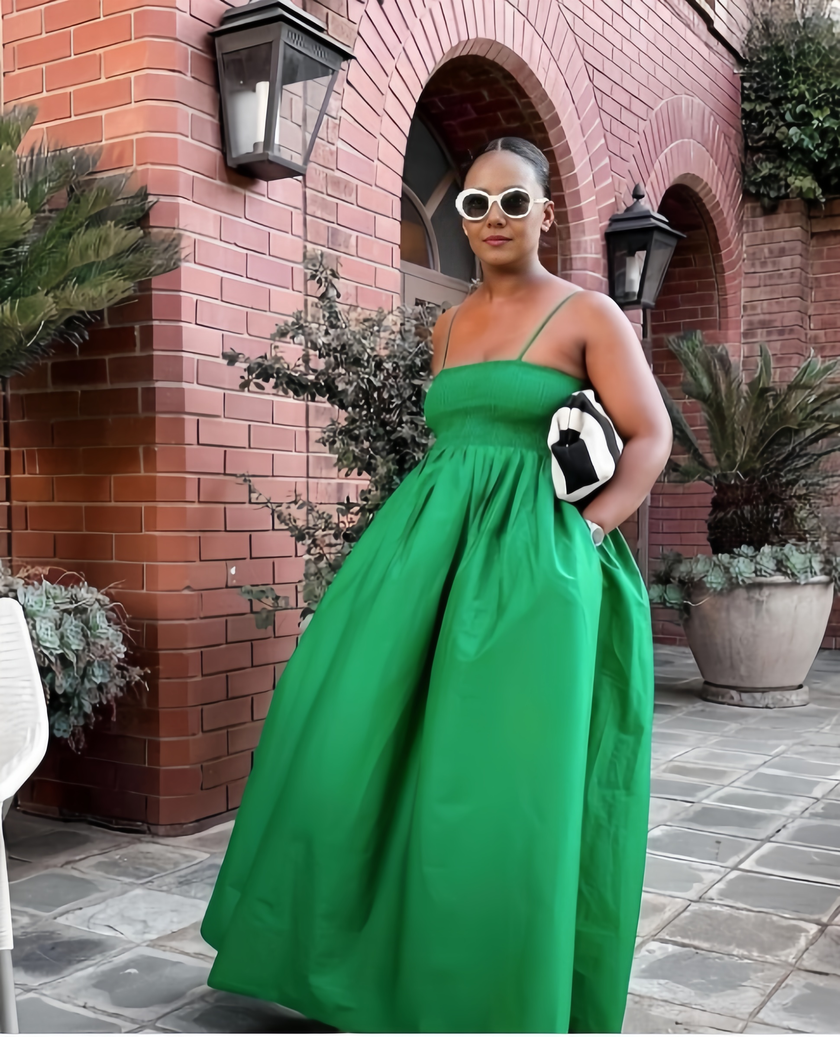 Lime-green pleated maxi dress with spaghetti straps