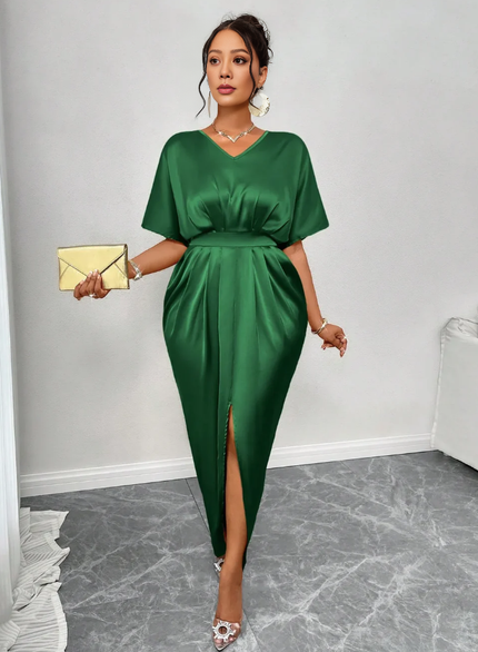 Forest-green evening midi dress, V-neck, high waist, front slit