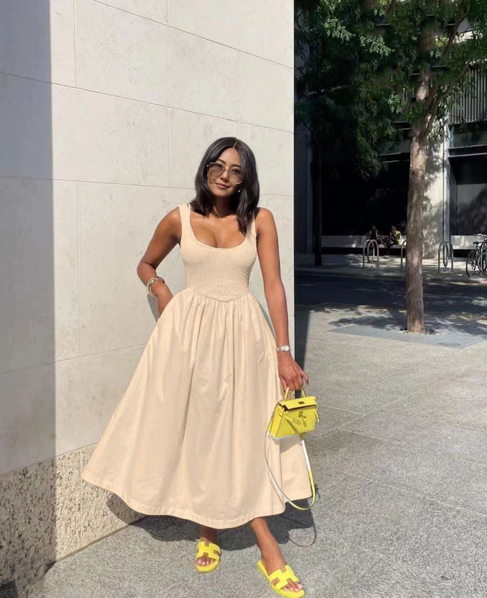 Wheat sleeveless textured midi dress with square neck and flared skirt
