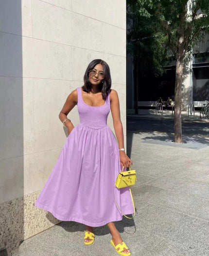 Light-purple sleeveless textured midi dress with square neck and flared skirt