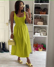 Green-yellow sleeveless textured midi dress with square neck and flared skirt