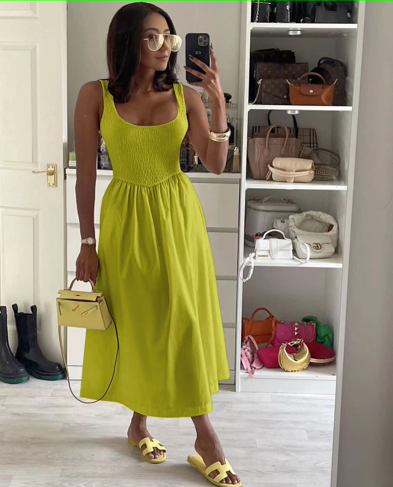 Green-yellow sleeveless textured midi dress with square neck and flared skirt
