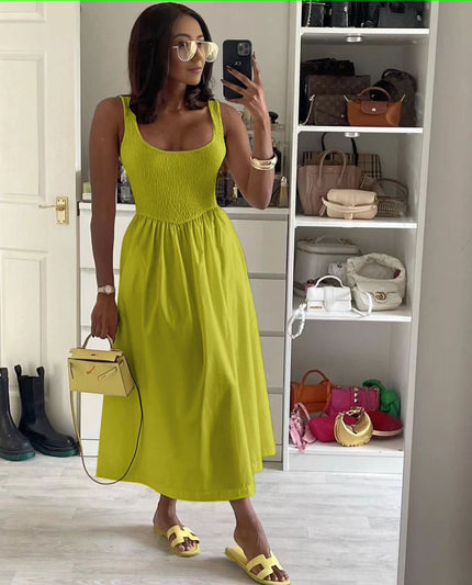 Green-yellow sleeveless textured midi dress with square neck and flared skirt