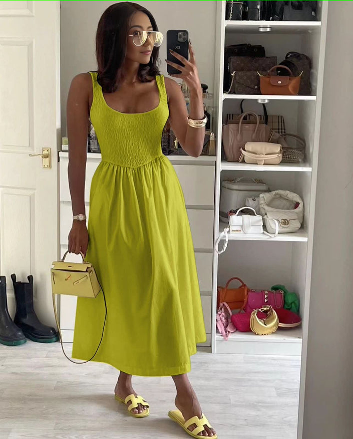 Green-yellow sleeveless textured midi dress with square neck and flared skirt