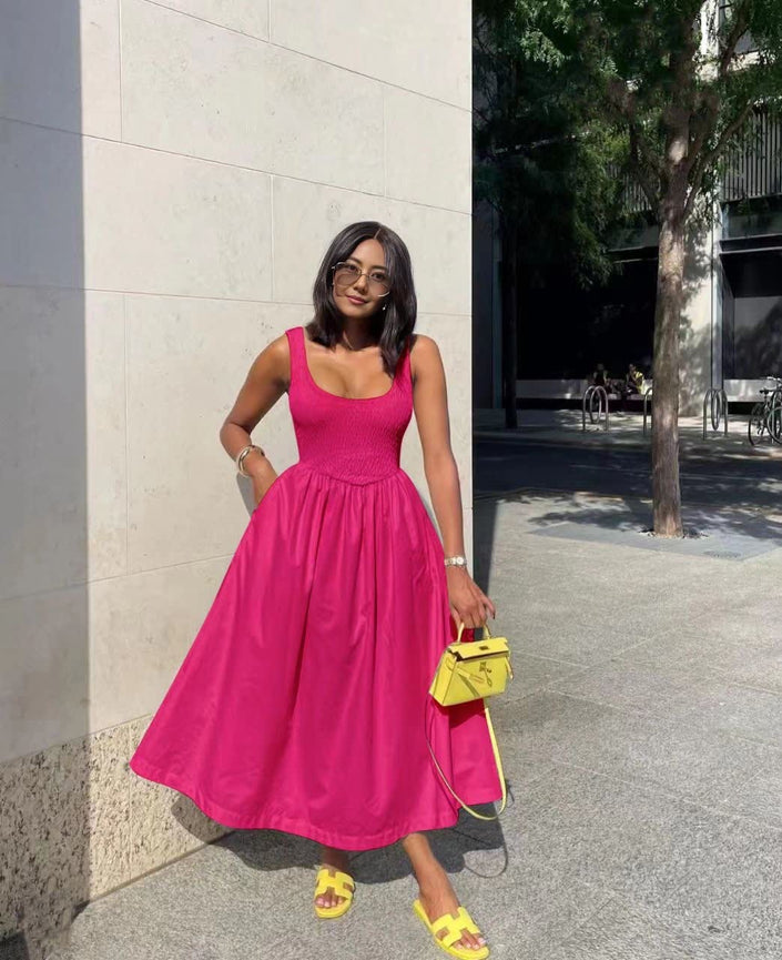 Deep-pink sleeveless textured midi dress with square neck and flared skirt