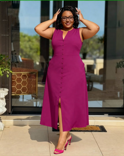 Magenta sleeveless A-line midi dress with V-neck and button front