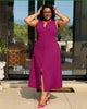 Magenta sleeveless A-line midi dress with V-neck and button front