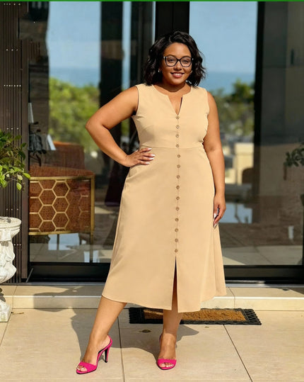 Beige sleeveless A-line midi dress with V-neck and button front