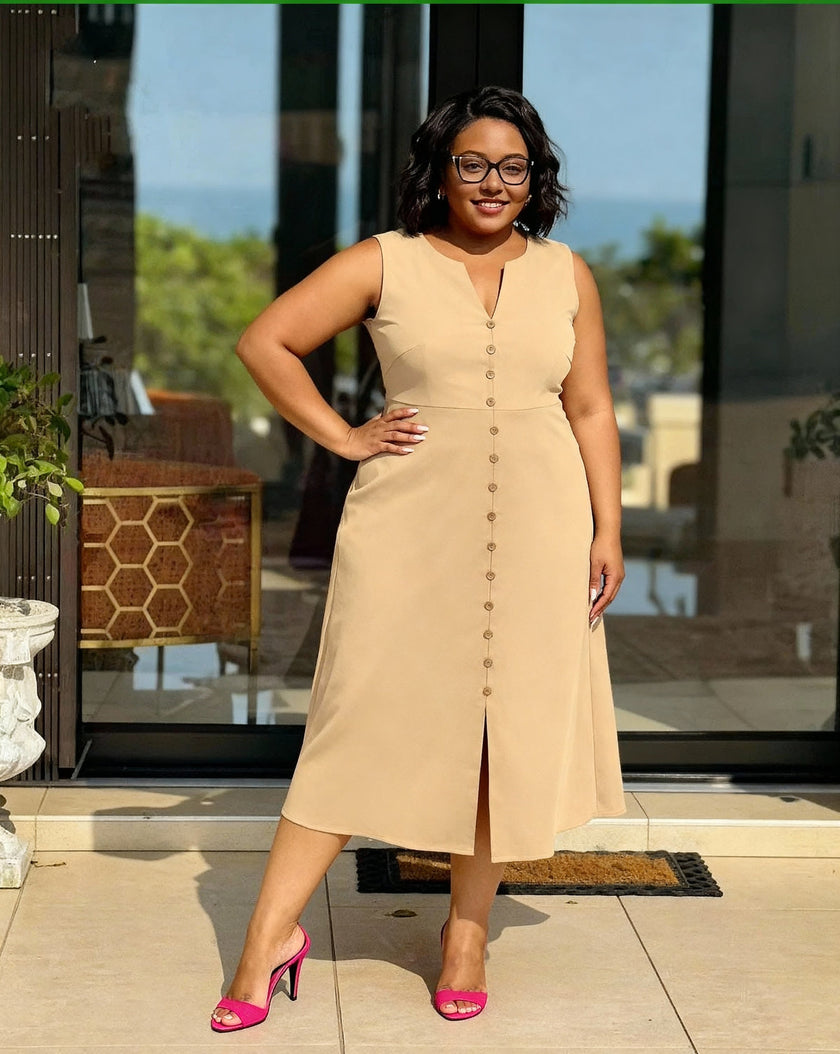 Beige sleeveless A-line midi dress with V-neck and button front