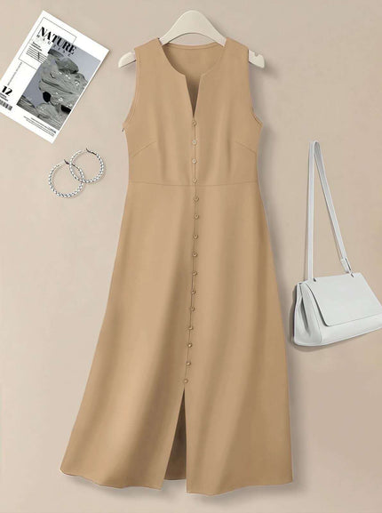 Tan sleeveless A-line midi dress with V-neck and button front
