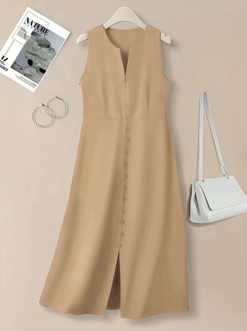 Tan sleeveless A-line midi dress with V-neck and button front