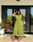 Yellow-green sleeveless A-line midi dress with V-neck and button front