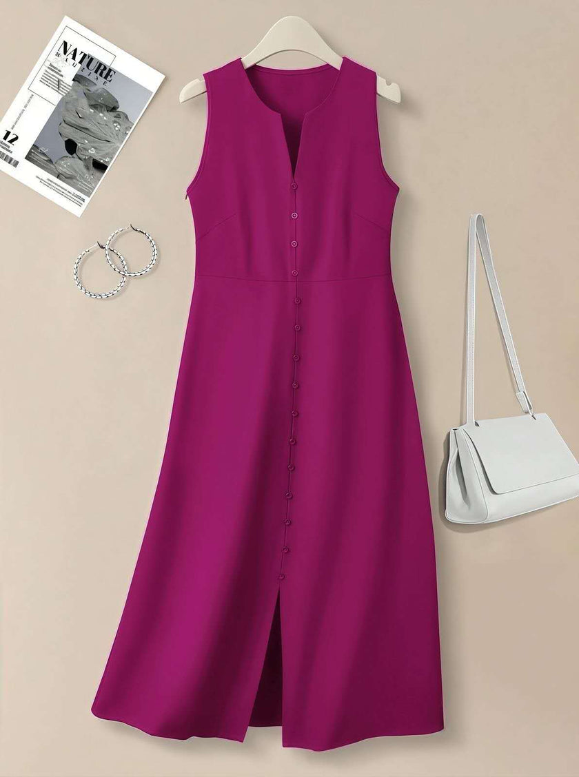 Fuchsia sleeveless A-line midi dress with V-neck and button front