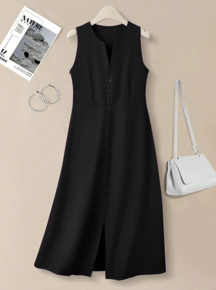 Black sleeveless A-line midi dress with V-neck and button front