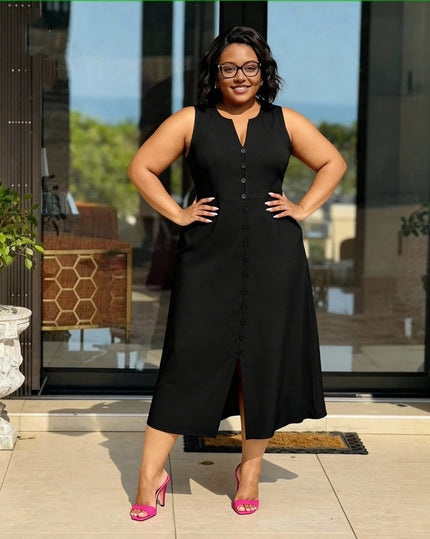 Black sleeveless A-line midi dress with V-neck and button front