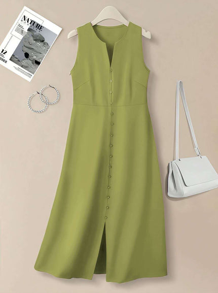 Green sleeveless A-line midi dress with V-neck and button front