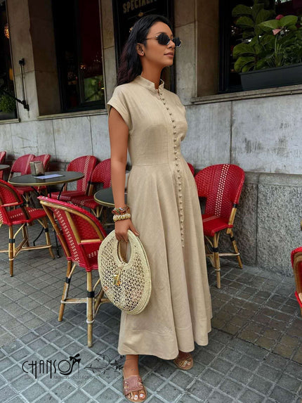 Tan linen-look maxi dress with mandarin collar, cap sleeves, button front