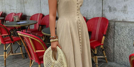 Maxi dress with mandarin collar, button front, tan linen, cap sleeves, A-line