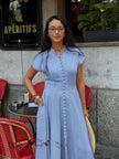 Light blue maxi dress with mandarin collar, cap sleeves, button front