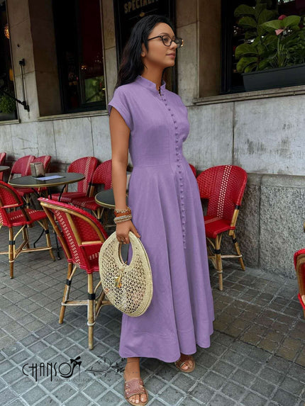 Purple maxi dress with mandarin collar, cap sleeves, button front