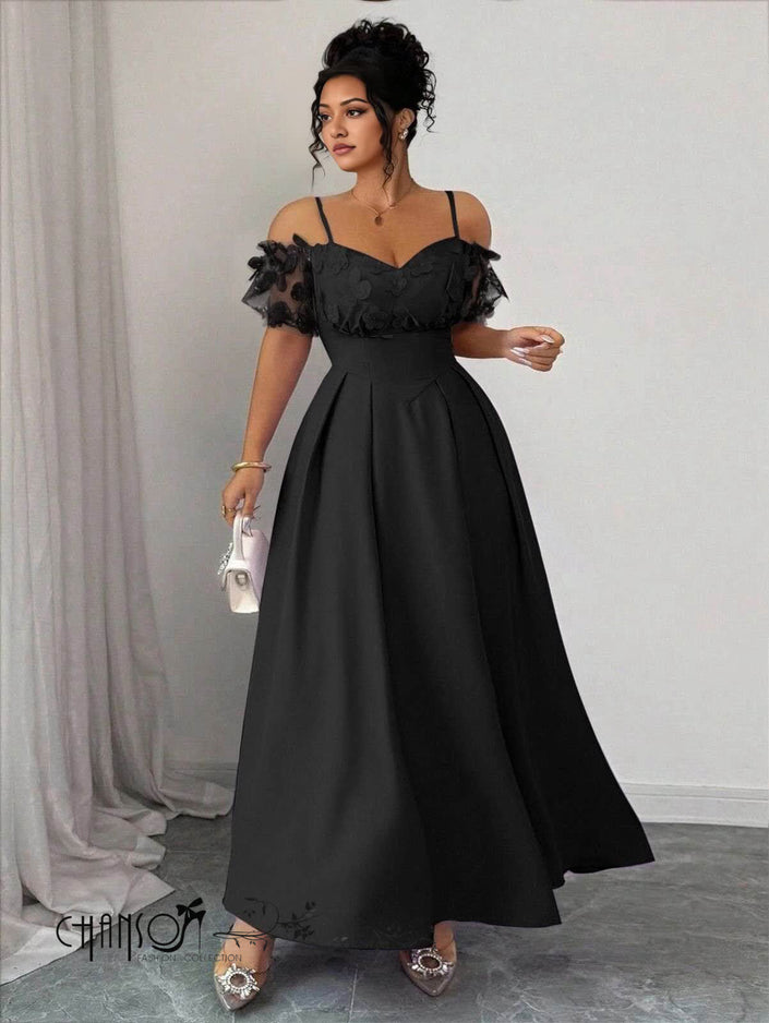 Black off-shoulder maxi dress with floral ruffle sleeves, fitted waist, and A-line skirt