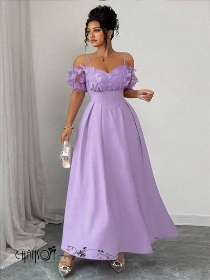 Light purple off-shoulder maxi dress with floral ruffle sleeves and gathered waist