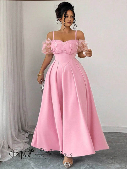 Pink off-shoulder maxi dress with layered floral ruffle bodice and full skirt