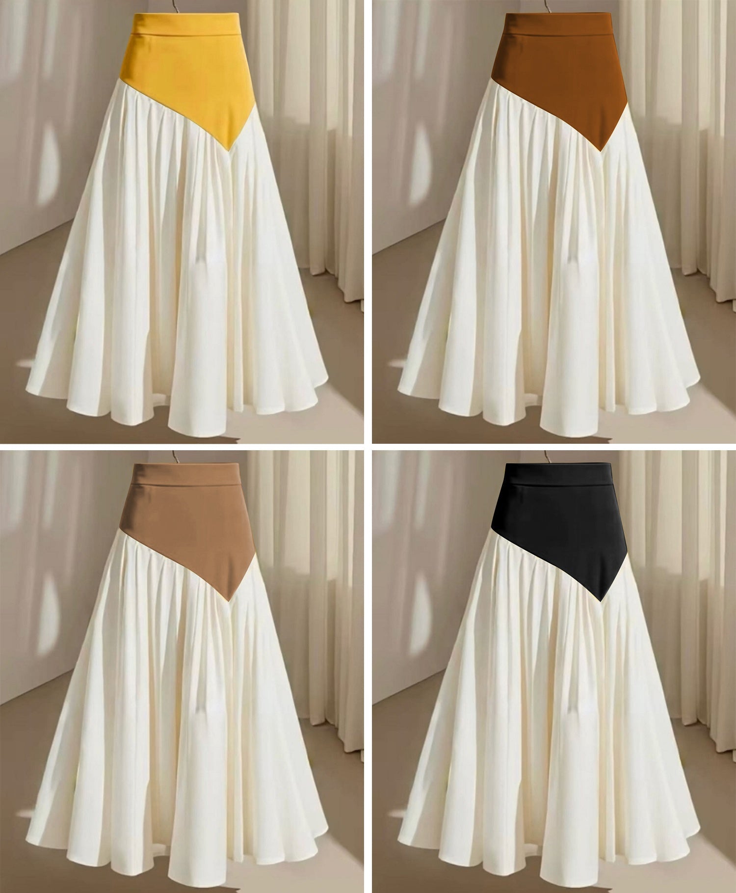 Color-block maxi skirt with triangular high-waist panel and pleated A-line hem