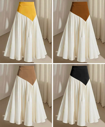 Color-block maxi skirt with triangular high-waist panel and pleated A-line hem