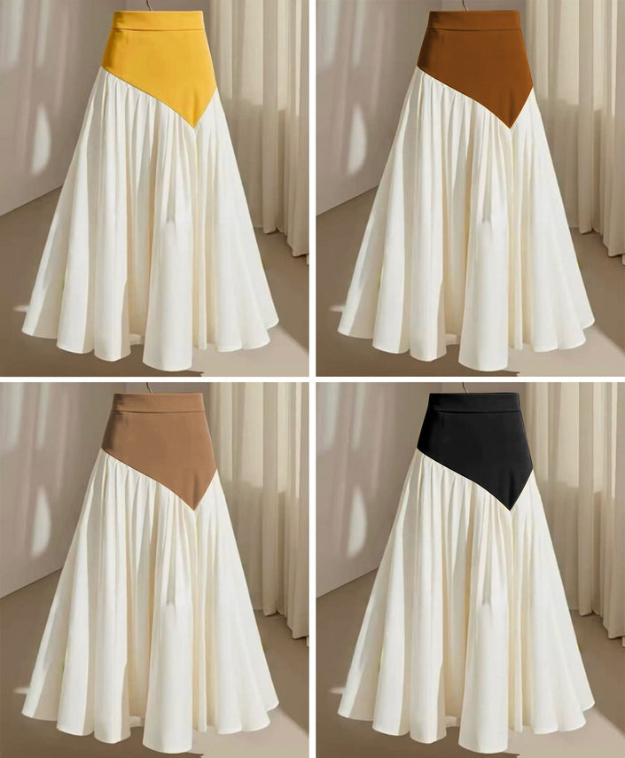Color-block maxi skirt with triangular high-waist panel and pleated A-line hem