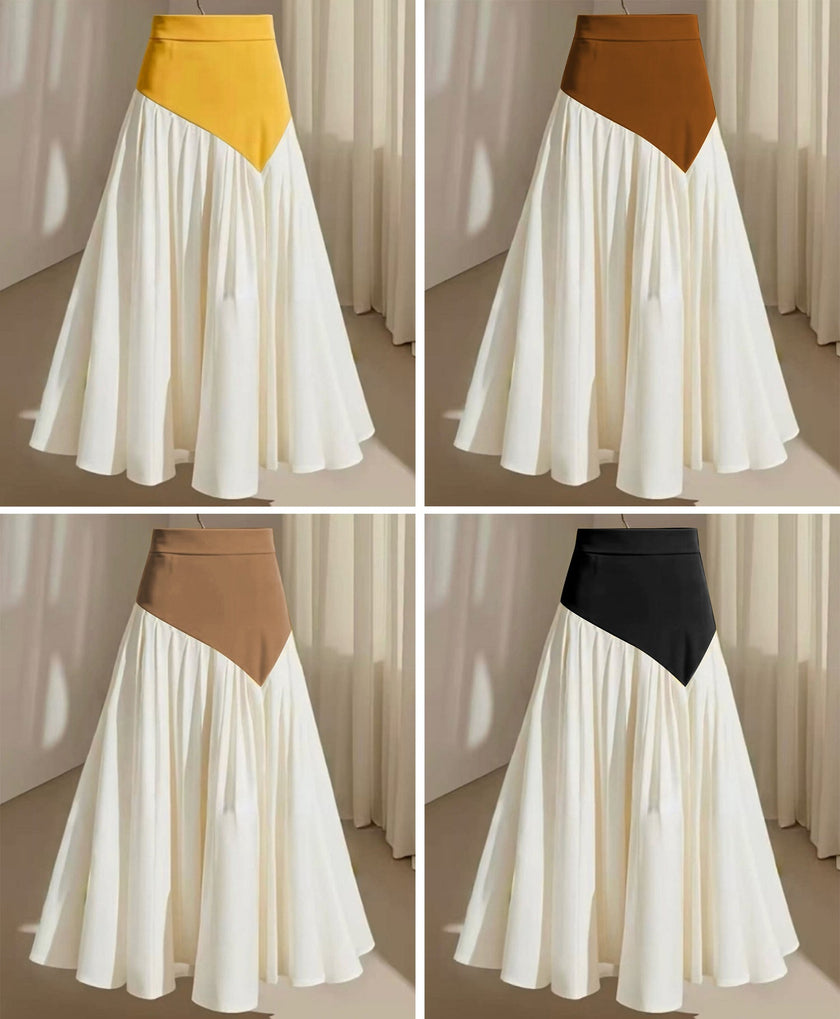 Color-block maxi skirt with triangular high-waist panel and pleated A-line hem