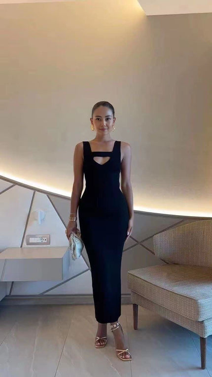 Ribbed knit midi dress, sleeveless, square neckline cutout, black