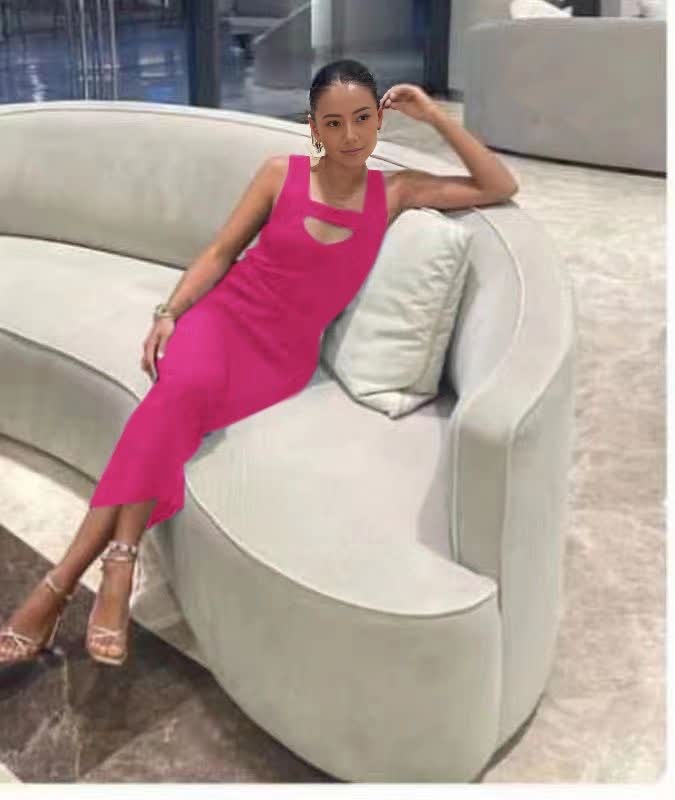 Ribbed knit midi dress, sleeveless, square neckline cutout, bright pink