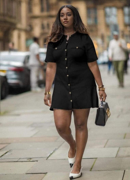FashionPrice Knitted Mini Dress - Button Pocket Detail