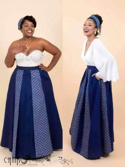 A-line maxi skirt with geometric print, navy and light blue panels.
