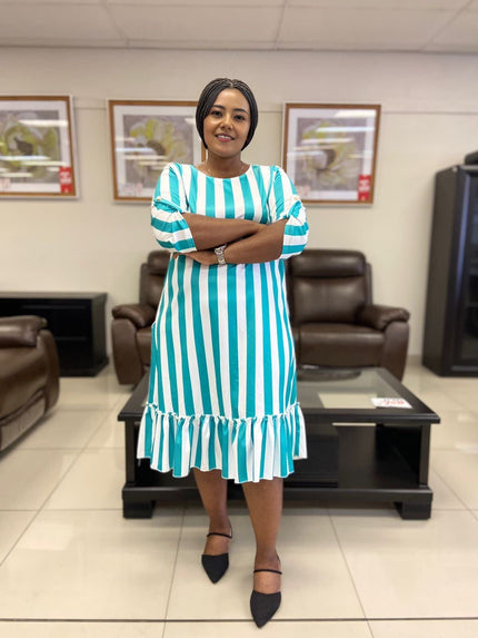 Blue and white vertical stripe ruffle-hem dress with elbow-length puff sleeves