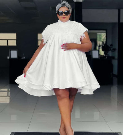 A-line loose fit dress with fringe cap sleeves, white