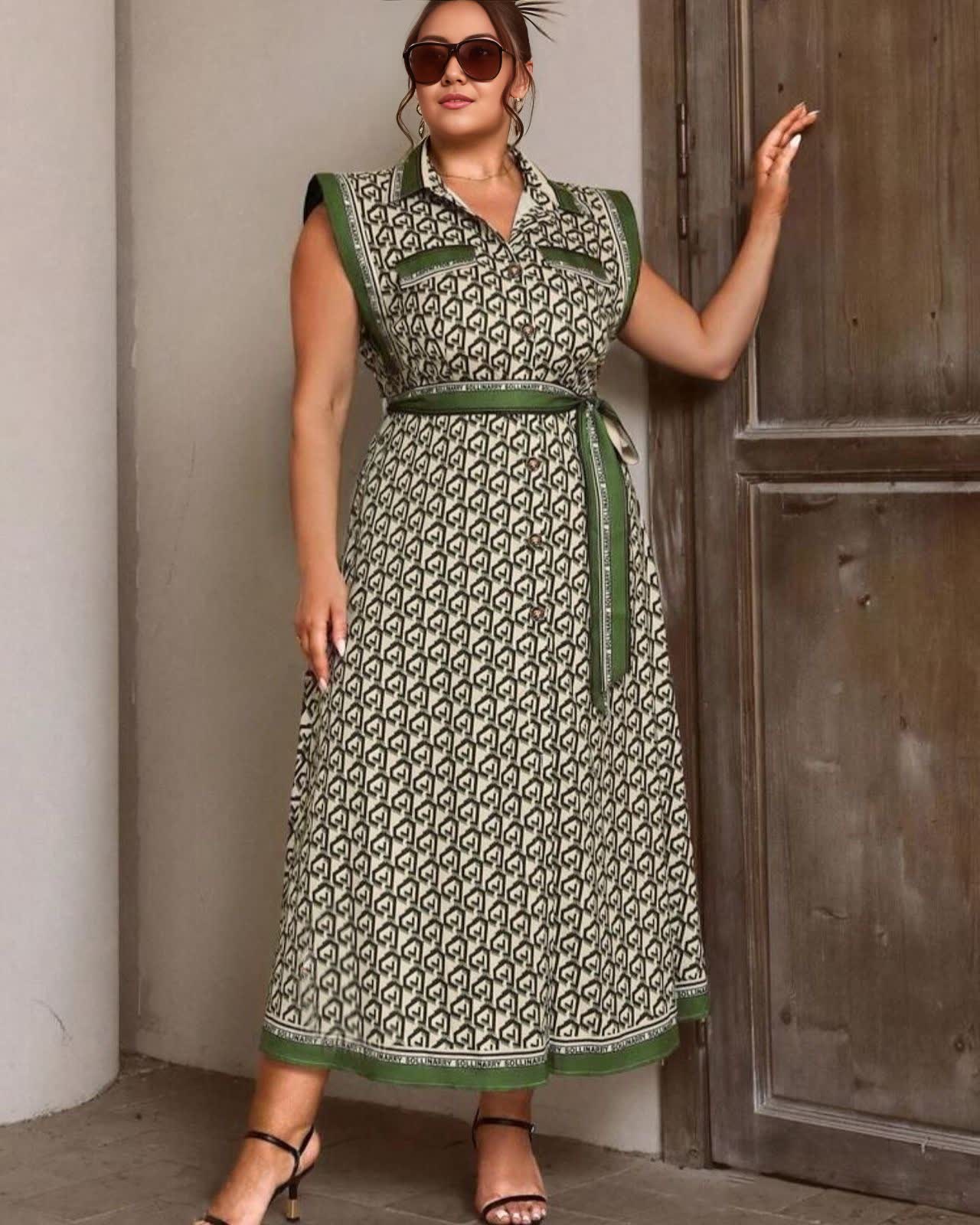 Printed belted midi shirt dress, sleeveless, collar and button-front, green-and-cream