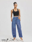 High-waist barrel-leg jeans, medium blue wash with zipper fly and belt loops