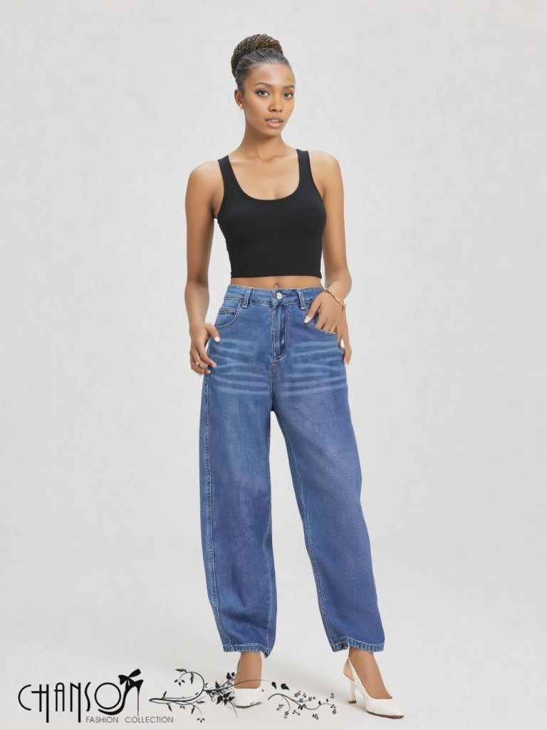 High-waist barrel-leg jeans, medium blue wash with zipper fly and belt loops