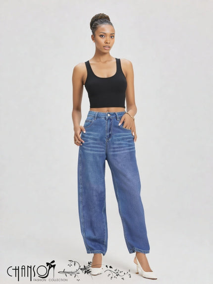 High-waist barrel-leg jeans in blue denim, button fly, relaxed wide legs