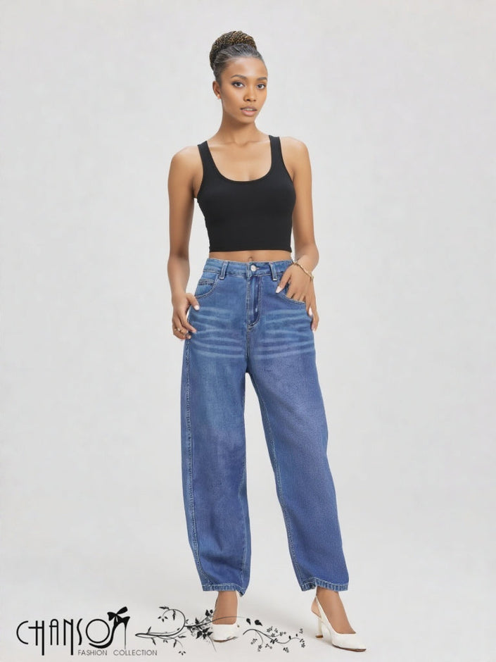 High-waist barrel-leg jeans, medium blue wash with zipper fly and belt loops