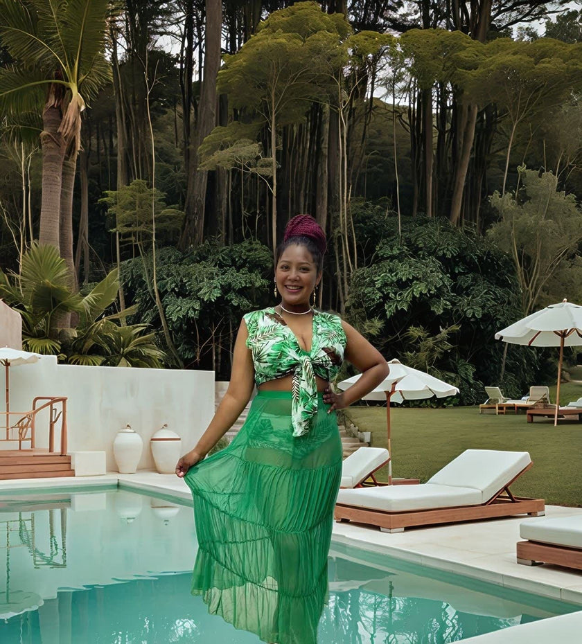 Tropical Print 4-Piece Swimsuit Set for Women | Bikini + Cover-Up + Ruffle Top + Sheer Skirt