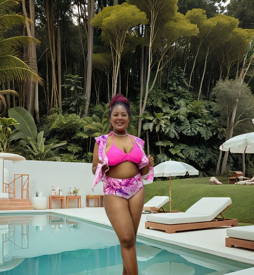 Tropical Print 4-Piece Swimsuit Set for Women | Bikini + Cover-Up + Ruffle Top + Sheer Skirt